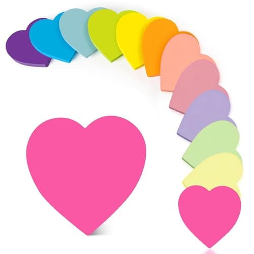 Image of 12 Pads Heart Shaped Cute Sticky Notes, 70 x 70 mm 1200 Sheets Bright Sticky Notes, Removable Self-Adhesive Memo Notes for Holiday Shop, Teacher Appreciation Xmas Gift 100 Sheets Each