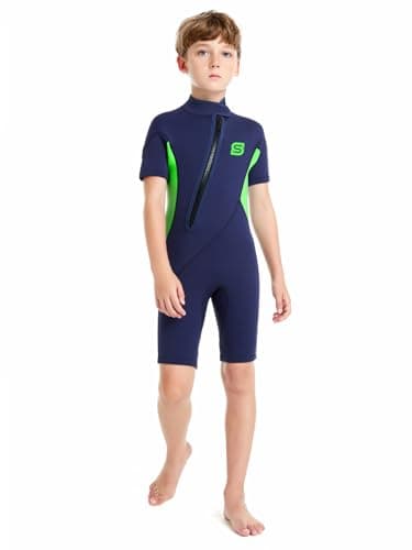 Image of Summshall Kids Wetsuit, 2mm Girls Boys Shorty Wetsuits, Thermal Neoprene Swimsuit Warm Sun Protection Front Zip Ultra Stretch Diving Suit Chlid Wetsuit for Watersport