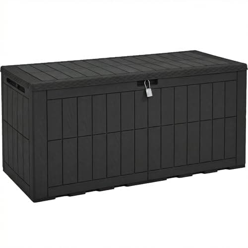 Image of YITAHOME Outdoor Storage Box, 120 Gallon Waterproof Deck Box for Garden Tools, Patio Cushions, and Pool Accessories, Lockable, Easy Assembly, Versatile Bench or Table (Black)