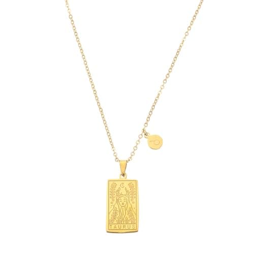 Image of sourcing map Tarot Zodiac Sign Necklace, Titanium Steel Tarot Card Taurus Necklaces for Women Men, Gold