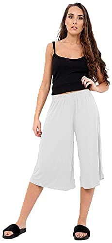 Image of STAR FASHION Ladies Culottes Palazzo Shorts Wide Leg Flared Elasticated Stretchy Loose Short Trousers Pants Casual Womens 3/4 Length Plain Culottes Shorts 8-26 White