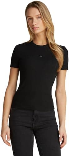 Image of Calvin Klein Women’s Short Sleeve Woven Label Slim Fit Rib T-Shirt, Black (Ck Black), XS