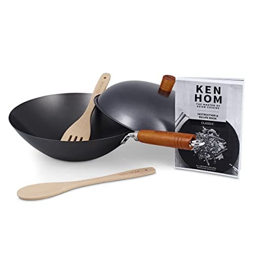 Image of Ken Hom Carbon Steel Wok Set, 31cm, Includes Non-Stick Wok Pan with Lid, Wooden Utensils and Recipe Book, Classic, Non-Induction/Wooden Handle/Flat Base Pan