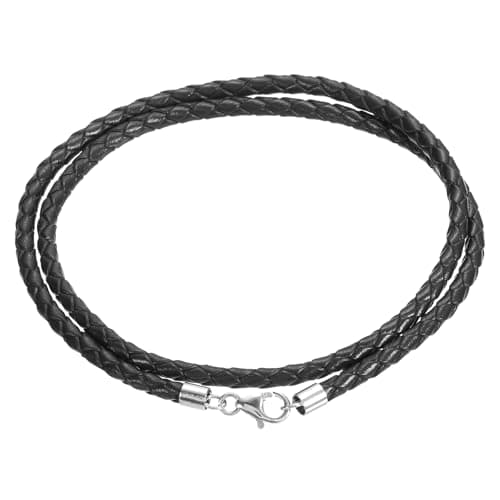 Image of sourcing map 3mm Braided Leather Necklace Cord, 20 Inch Braided Necklace String Rope with 925 Sterling Silver Clasp for Pendants, Necklaces, Jewelry Making Beading Supplies (Black)