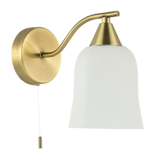 Image of Happy Homewares Traditional Pull Switched Downlighter Wall Light Fitting in Antique Brass with Opal White Glass Shade | 1 x 7w E14 | 19cm x 20cm x 12cm