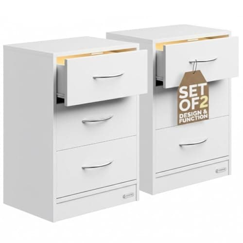Image of CASARIA® 2x Eloise 3-Drawer Bedside Table With LED Lighting | Chest Of Drawers | 3 Drawers | Cable Routing Hole | Wall Mounting Option | Bedroom Nightstand | 54x39x28cm | White Finish