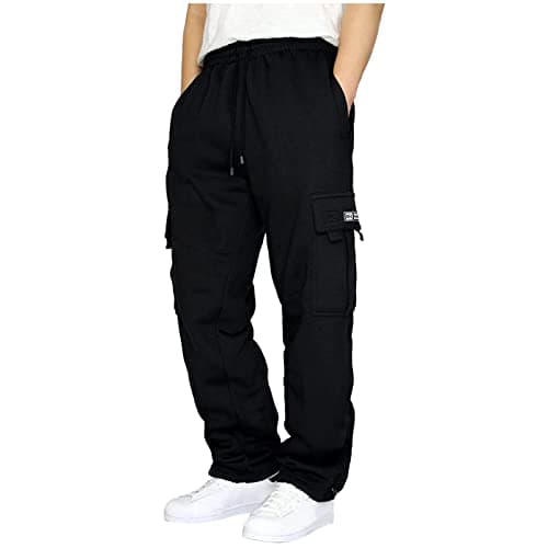 Image of Halfword Mens Loose Fleece Cargo Trousers Casual Gym Jogging Bottoms Lightweight Joggers Sweatpants Black 2XL