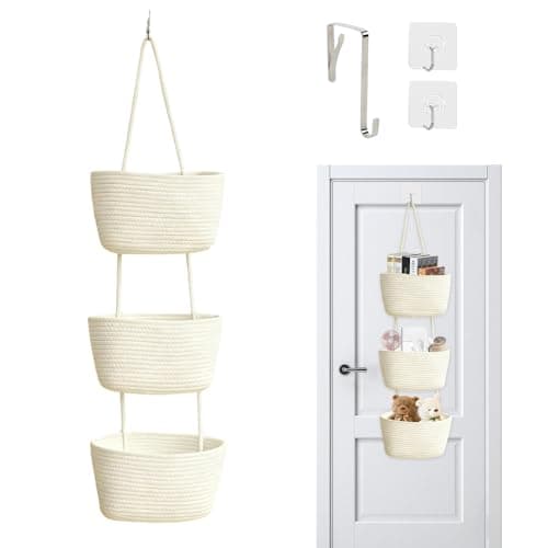 Image of Jonuin Over the Door Basket, 3 Tier Hanging Basket, Decorative Hanging Baskets, Wall Mount Storage Baskets with Hooks for Bedroom, Bathroom, Nursery (White)