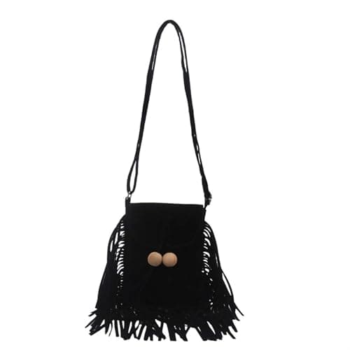 Image of Fringe Beaded Messenger For – Elegant Crossbody Square Versatile Everyday Shoulder Handbag (Black, One Size)