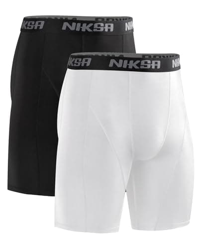 Image of Niksa Compression Shorts Men,2 Packs Anti Chafing Underwear Base Layer Shorts Quick-Drying Fabric Undershorts for Cycling Gym Running Sports Workout,Black and White,L