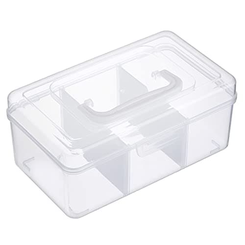 Image of IGNPION Small Clear Craft Stackable Storage Box with Divider Grid, Plastic 3-compartment Mulit Purpose Storage Container for Nail Polish, Toys, Arts Crafts, Stationery, Sewing, Fishing Tackle