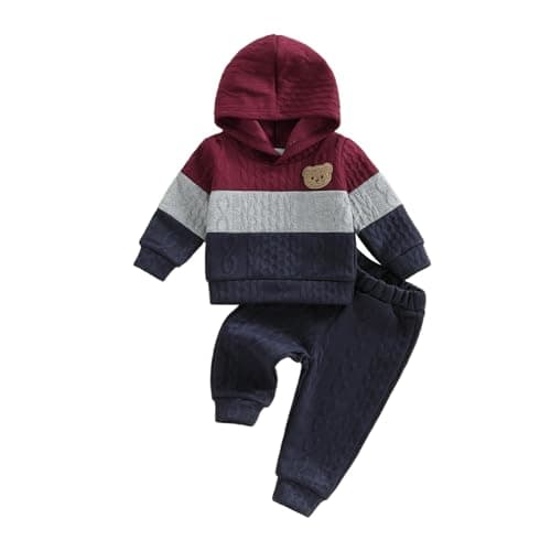 Image of BeliBacca Baby Boy Autumn Winter Warm Knit Outfits Set Splicing Color Long Sleeve Bear Embroidery Hoodie Sweater Jogger Pants Set 2pcs Infant Toddler Boy Clothes (Multicolor, 9-12 Months)
