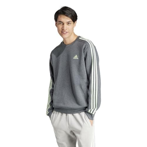 Image of adidas Men's Essentials Fleece 3-Stripes Sweatshirt, dark grey heather/semi green spark, M