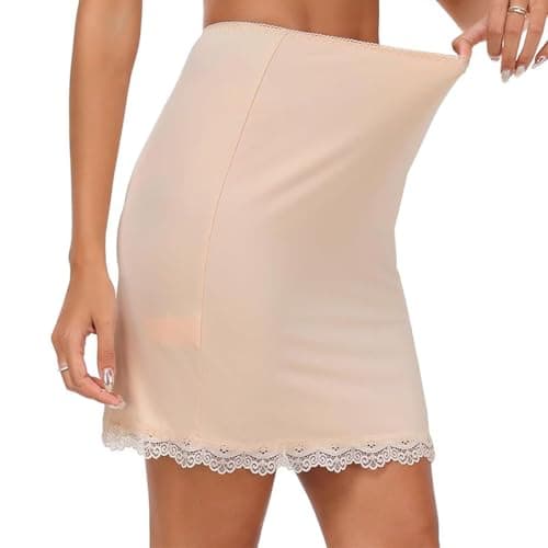 Image of Women's Half Slips Soft Petticoat Underskirt Elastic Waist Modal Silk Anti-Slips for Under Dress with Floral Lace(Nude,8)