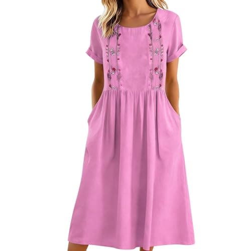 Image of Summer Dresses for Women UK Cotton Linen Dress Ladies Embroidered Pleated Sundress Short Sleeve Casual Midi Dresses with Pockets for Beach Work Daily Wear M Pink