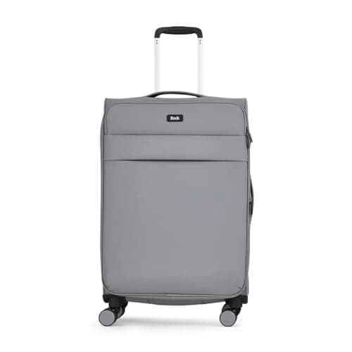 Image of Rock Harper Medium Soft Shell Suitcase in Grey - Lightweight, Sleek & Minimalist Design - Telescopic Handle, 360 Swivel-Wheels & TSA Combination Lock - 67 x 42 x 29.5 cm 50L Capacity