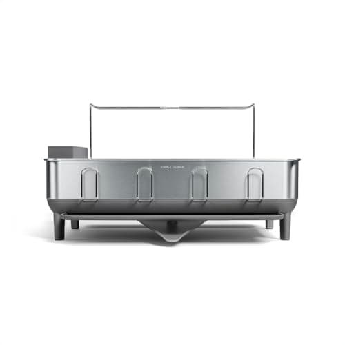 Image of simplehuman KT1181 Steel Frame Dish Rack, Kitchen Drainer, Drip Tray, 360º Swivel Spout, Wine Glass & Cutlery Holder, Rustproof, Grey with Brushed Stainless Steel, W 51.4cm x H 29.2cm x D 56.6cm
