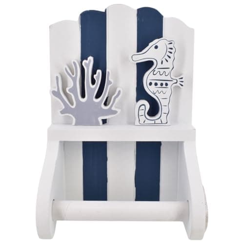 Image of Nautical Toilet Roll Holder | 21cm Blue & White Wooden Wall Mounted Coastal Bathroom Loo Roll Holder with Seahorse & Coral Design
