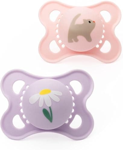 Image of MAM Original Soothers | 0-6 Months | 2 Pack | Comes in Dummy Steriliser Case | Sustainable Materials | Baby Accessories for Newborn | Pink/Purple (Various Designs)