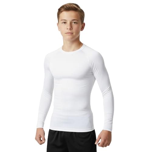Image of Boys Base Layer Thermal Kids PE Fitness Long Sleeve School MMA Boxing Gym T-Shirt Winter Outdoor Football Running Hiking Cycling Sports Compression Top (UK, Age, 13 Years, Regular, White)