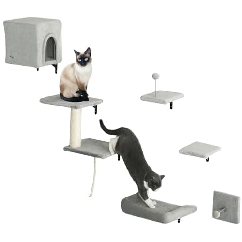 Image of PawHut Cat Wall Shelves, 6-Piece Cat Wall Furniture Set with Condo, Platforms, Sisal Scratching Post, Bed and Toy Ball, for Climbing, Sleeping, Playing, Grey