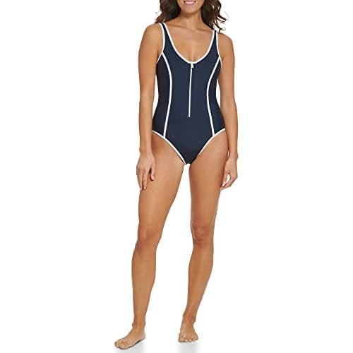 Image of Tommy Hilfiger Women's Over The Shoulder Half Zip Detail Everyday One Piece, Navy/White, S