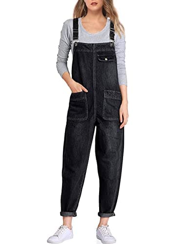 Image of Sukany Women's Casual Baggy Denim Jean Overalls Loose Bib Dungarees Harem Romper Jumpsuit Pants (Black.M)
