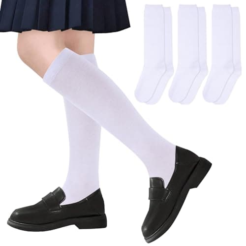 Image of Fjquamitix 3 Pairs Kids Knee High Socks Girls White School Socks Breathable Cotton Sock for Children Daily Wear (Age 5-8 Years, White)