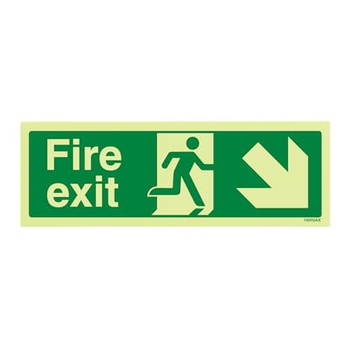 Image of V Safety 14006AX-GS Glow In The Dark Fire Exit Arrow Down Right Sign - 300mm x 100mm - Self Adhesive Vinyl