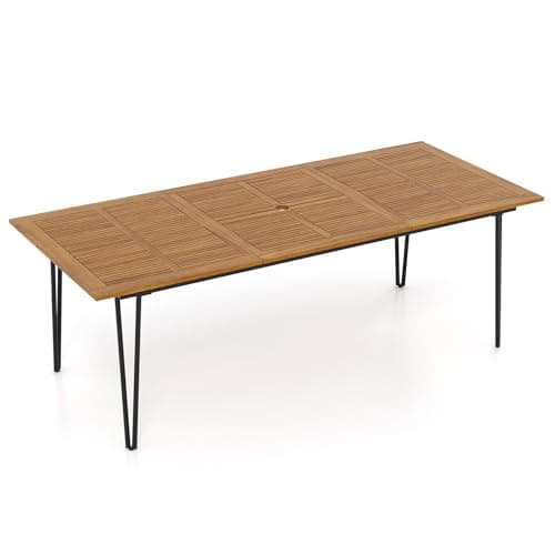 Image of COSTWAY Outdoor Dining Table for 8, 200 x 90cm/220 x 95cm Acacia Wood Garden Table with Slatted Tabletop, Umbrella Hole, Metal Legs & Adjustable Foot Pads, Rectangular Bistro Patio Tables(220x95x75cm)