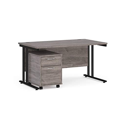 Image of Mr Office Maestro 25 straight desk 800mm deep with black cantilever frame and 2 drawer pedestal bundle, Grey oak, 1400