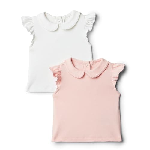 Image of Amazon Essentials x Sofia Grainge Baby Girls Cotton Short-Sleeve Blouses with Ruffles, Pack of 2, Light Pink/White, 6-9 Months
