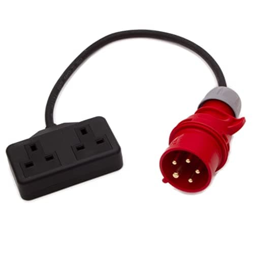 Image of HDIUK Phase-1 400v 3-Phase CEE Plug to 240v L1 Fly Lead Converter (Red 16A 400v Plug to Heavy Duty Twin 13A Sockets)