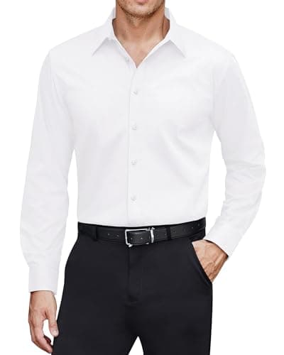 Image of J.VER White Shirt Men Long Sleeve Business Casual Stain Shield Formal Shirts Stretch Non Iron Regular Fit Plain Work Wedding Office Dress Top XL