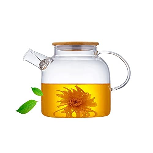 Image of Glass Teapot, Stovetop & Microwave Safe Glass Borosilicate Teapot, Glass Teapot with Strainer, Glass Pot with Wooden Lid, Loose Leaf and Fruit Tea and Fragrant Tea, 50.7oz/1500ml (Wooden Lid)