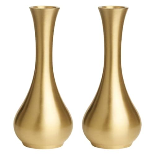 Image of Zerodeko 2pcs Tiny Brass Flower Vases for Home Office Desk and Tabletop Decor, Compact Design with Elegant Golden Finish, for Easy Flower Arranging and Stylish Living Room Display