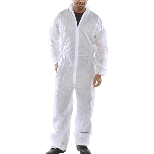 Image of IndustraCare Poly Prop White Economy Lightweight Disposable Overall Boilersuit - Zip up, elasticated hood, ankles and wrists (XL)