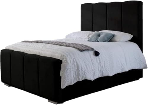 Image of S&W DECORE 4FT Small Double Kensington Bed Frame With Mattress And Headboard Upholstered In Plush Velvet Black Bed Wooden Slats - No Storage (Black Plush, 4FT Small Double With Mattress - No Storage)