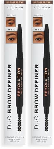 Image of Makeup Revolution Duo Brow Definer Pencil, Add Definition, Includes Brush, Medium Brown (Pack of 2)
