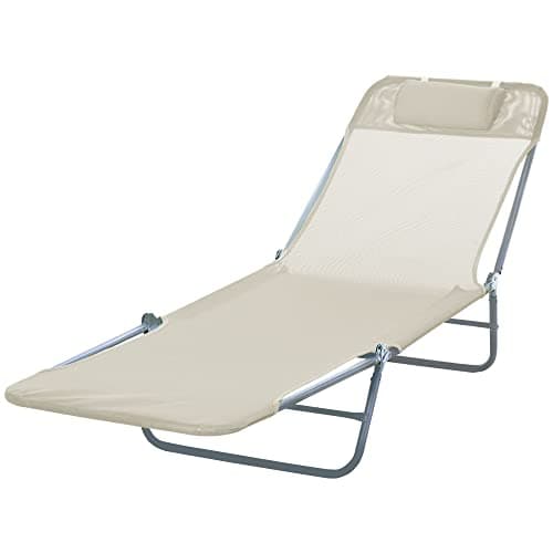 Image of Outsunny Folding Sun Lounger for Garden, Texteline Reclining Sun Bed with 5 Position Adjustable Backrest, Headrest, Portable Garden Lounger Recliner Chair for Beach, Patio, Camp, Beige