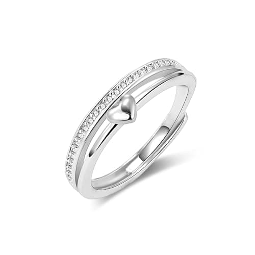 Image of ALEXCRAFT Sliver Plated Heart Rings Hypoallergenic Cubic Zirconia Multi Layered Sterling Silver Large Chunky Wide Open Heart Rings Adjustable Fixed Stackable Eternity Promise Ring for Women Trendy