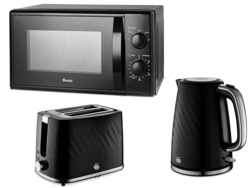 Image of Swan Windsor Black 1.7L Kettle, 2 Slice Toaster & 20L 700W Microwave SM4420BLK Contemporary Matching Kettle, Toaster and Microwave Kitchen Set