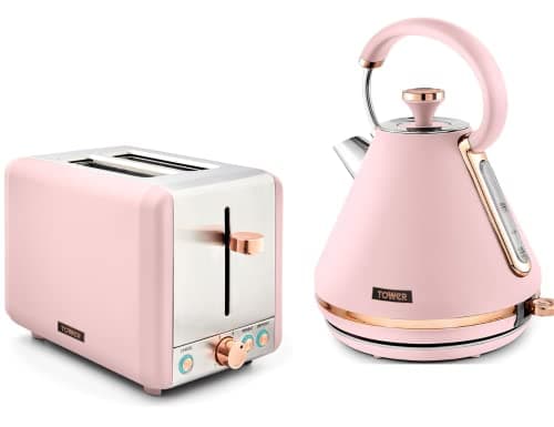 Image of Tower Cavaletto Pink 1.7L 3KW Pyramid Kettle & 2 Slice 850w Toaster. Contemporary Matching Kettle & 2 Slice Toaster Set in Pink & Rose Gold