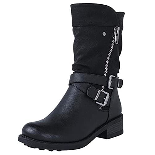 Image of Womens Mid Calf Boots Wide Calf Casual Ladies Boot Stylish Comfortable Flat Chunky Buckle Double Zip Slip On Biker Boots Outdoor