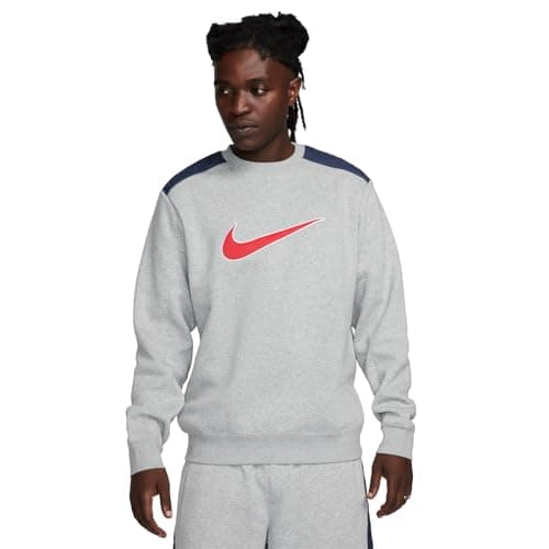 Image of Nike Men's M NSW Sp FLC Crew Bb Top, Dk Grey Heather/Thunder Blue/Fire Red, S