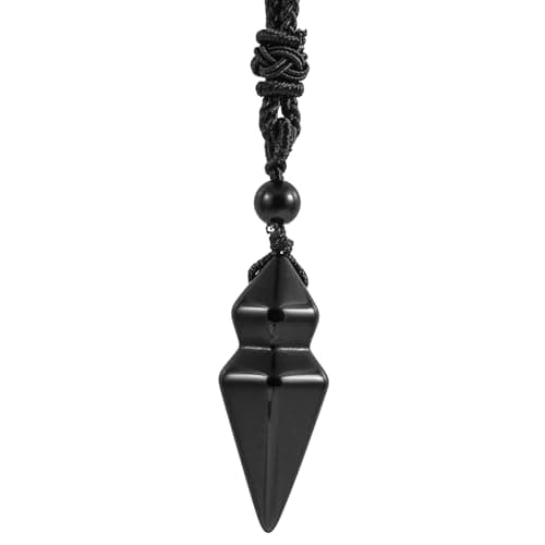 Image of Nupuyai Obsidian Crystal Point Pendant Necklace with Adjustable Cord, Protection Amulet Energy Healing Faceted Stone Arrowhead Pendant for Women Men
