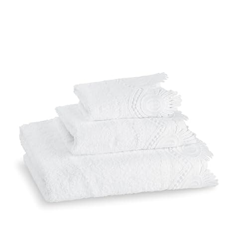 Image of 3 Piece Laced Bath Towels Set for Bathroom, Bath, Hand & Wash Cloths, Decorative Stylish Plush Cotton Washcloths - Showering, Face & Body Washing, Airbnb Essentials & Host Accessories, White