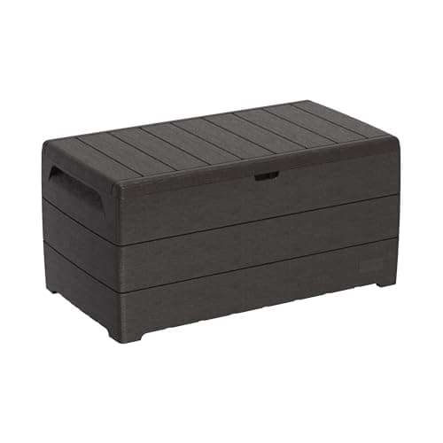 Image of Duramax Cedargrain Durabox 416 Litre/ 110 Gallons, Outdoor Plastic Deck Box and Garden Furniture Organizer, Woodgrain Texture, Lockable Plastic Cushion Box with gas cylinder, Dark Brown