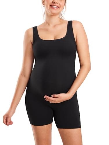Image of MOMANDA Women's Maternity Bodysuit Ribbed Sleeveless Shorts Jumpsuit Square Neck Tank Top Romper for Pregnancy Black 12
