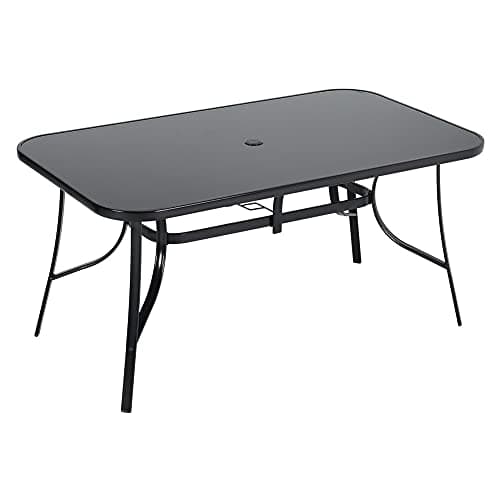 Image of The Fellie Garden Table Outdoor Dining Table Tempered Glass Top Coffee Table Patio Table with Parasol Hole (Rectangle-150 x 90 x 72cm)
